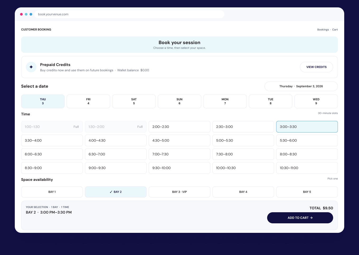 Example customer booking screen with date, available time slots, bay selection, and cart summary.
